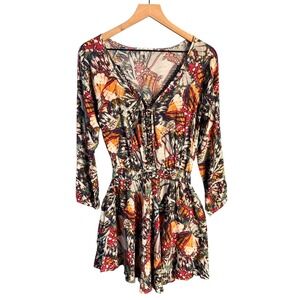 La Voga Zeen Butterfly Print Dress Orange Red V-Neck Elastic Waist Viscose Small